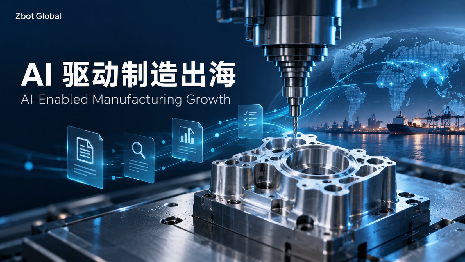图片为Zbot官网月度博客文章封面,背景为深蓝色,左侧有“Zbot Global”标识。画面中一台机械臂正在加工金属零件,周围有世界地图轮廓、货轮等元素。画面左侧有三组图标,分别代表文件、放大镜、图表。上方大字标题为“AI驱动制造出海”,下方副标题为“AI-Enabled Manufacturing Growth”。该图片与文档中介绍AI赋能中国制造业的内容相契合,强调AI在制造业出海中的作用。