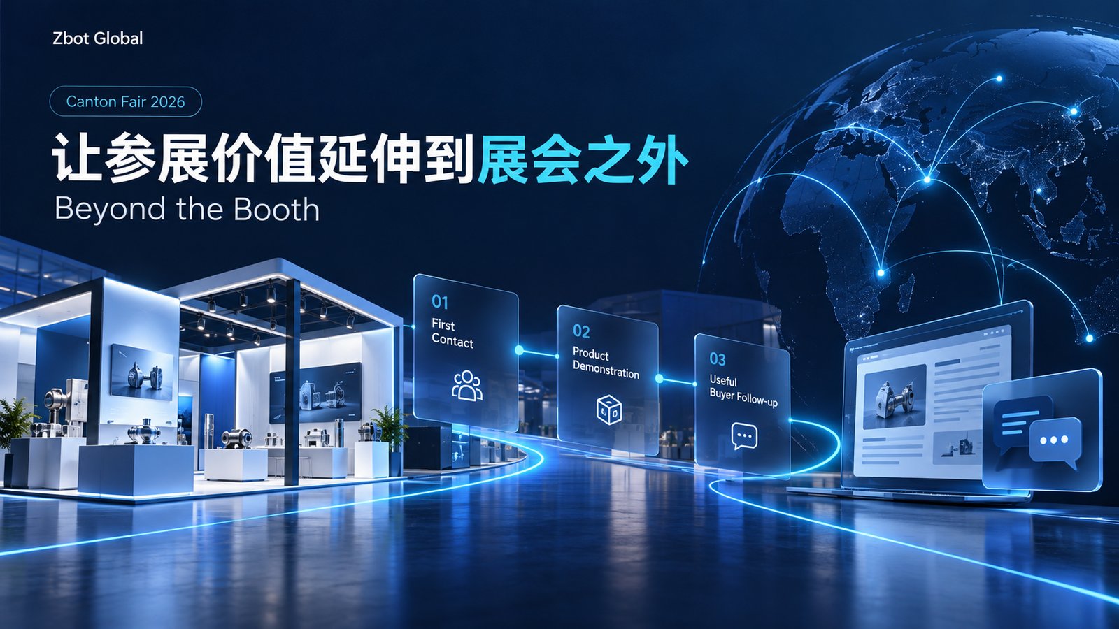 图片展示的是Zbot Global 2026广交会的宣传图,背景为深蓝色,左侧有“Canton Fair 2026”字样,右侧是地球仪。画面中呈现了展会场景,有展位和产品展示。画面右侧有三个蓝色方块,分别标注“01 First Contact”“02 Product Demonstration”“03 Useful Buyer Follow-up”,并配有对应图标。画面右下角有电脑屏幕和对话框图标。图片与上下文紧密相关,直观呈现了展会及线上获客的流程。