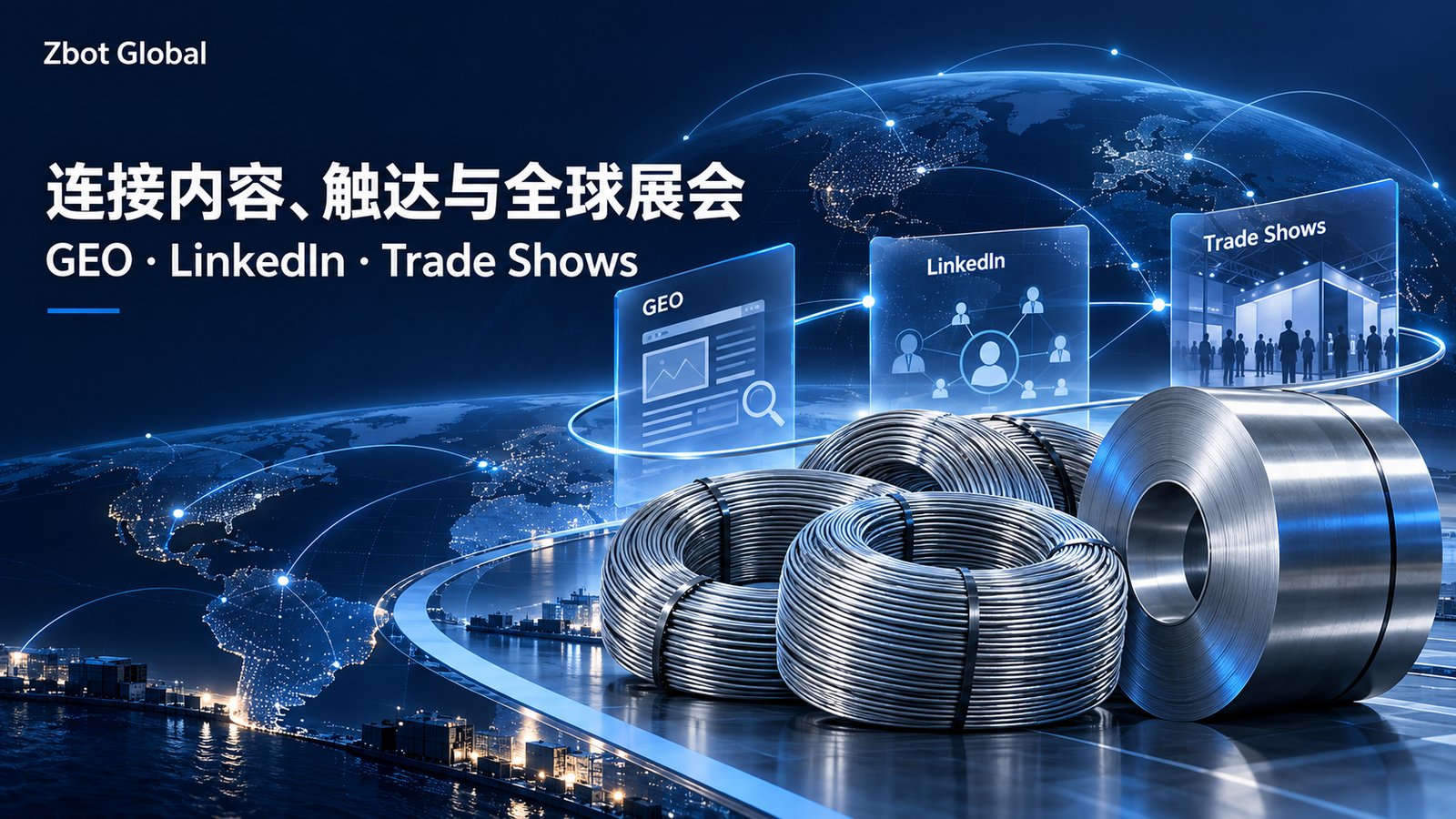 图片展示的是Zbot官网月度博客文章中关于GEO、LinkedIn与全球展会获客复盘的封面。背景为蓝色调的世界地图,前景有三卷金属线材。画面左上角有“Zbot Global”标识,中间文字为“连接内容、触达与全球展会 GEO · LinkedIn · Trade Shows”,下方有蓝色横线。该图片与上下文紧密相关,直观呈现了文章主题,强调通过GEO、LinkedIn和展会等手段进行海外获客。