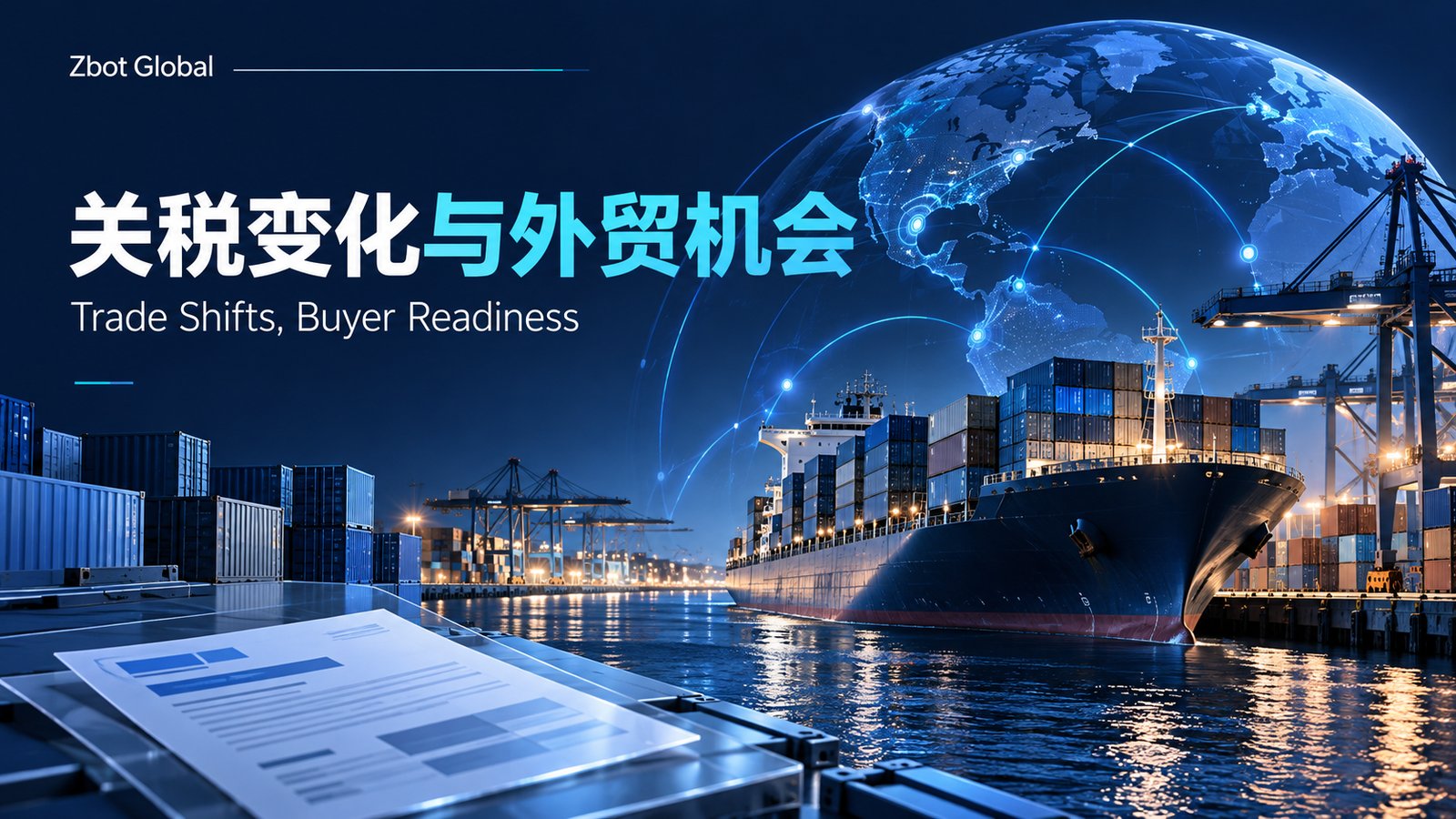 这是一篇外贸相关文章的封面图,属于Zbot Global的相关内容。图中背景为夜晚的港口场景,可见停在港区的集装箱货轮、岸边的集装箱与港口起重机,还有水面倒映的灯光,搭配带科技感连线的地球图案,前景处有一份带数据图表的文件。图上标注有中英文标题,中文为“关税变化与外贸机会”,英文为“Trade Shifts, Buyer Readiness”,点明了内容与关税变动、外贸机遇相关,契合文章围绕中美关税调整框架下外贸企业准备的主题。