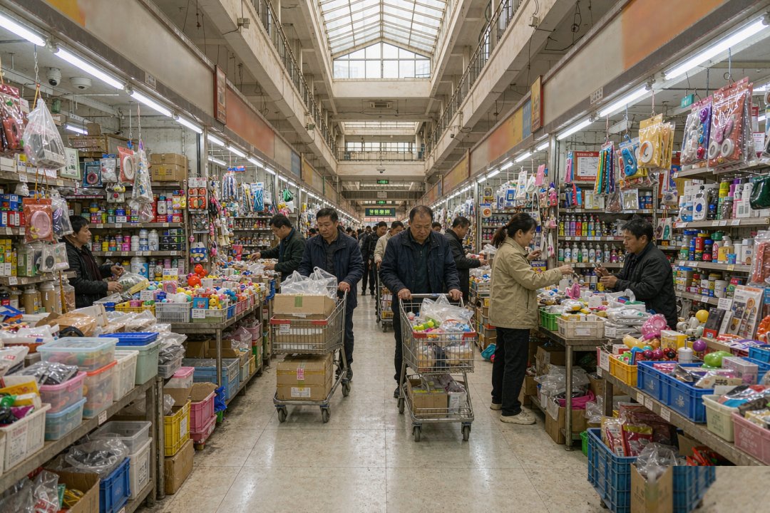 图片展示的是义乌小商品市场内的一条通道,两侧货架上摆满了各类商品,如玩具、日用品等。通道内有多位顾客在挑选商品,有的推着购物车。天花板上有玻璃天窗,自然光线透进来,使市场内部明亮。该图片与文档中“义乌和小商品:对美这条线在涨”的内容相关,直观呈现了义乌小商品市场的情况,与降税后补库订单最先动、要抢就是落地后的头90天的背景相呼应。
